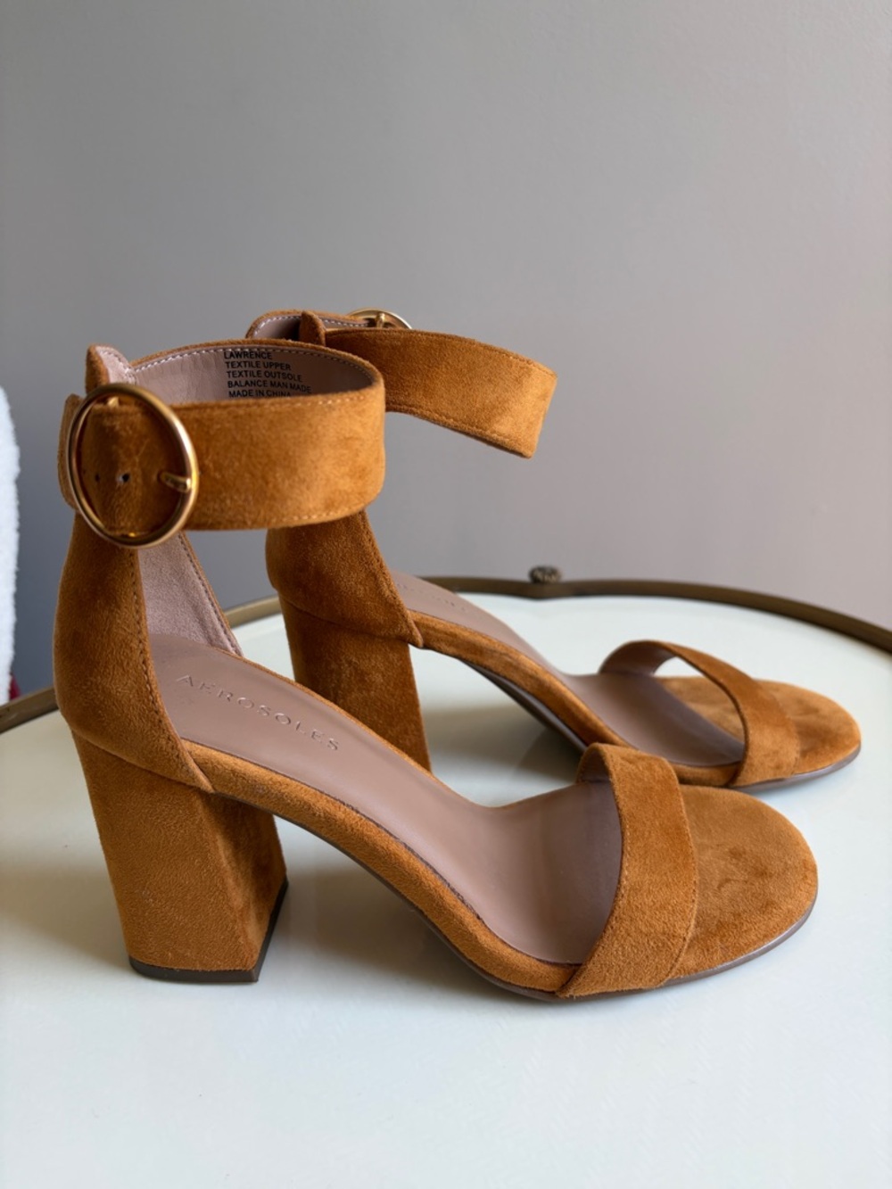 AEROSOLES Tan Suede Block Heel Sandals with Gold Buckle